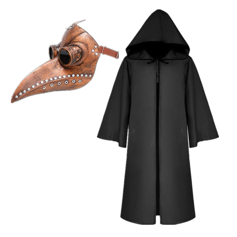 Plague Doctor Costume Hooded Cloak Long Nose Beak Latex Mask Halloween Cosplay Cloak Costume for Kids and Adult Party