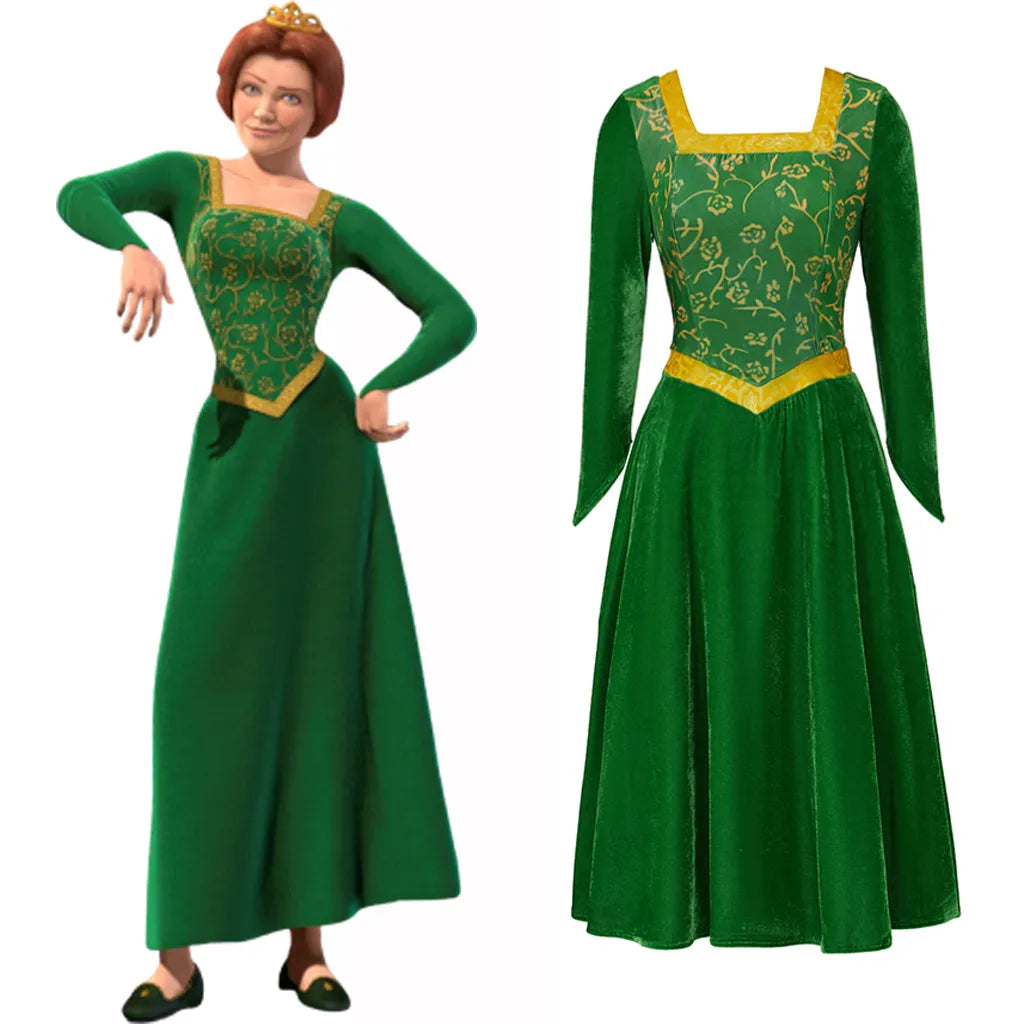 Princess Fiona Cosplay Costume Dress Outfit Women Cartoon Green Square Collar Velvet Long Dress for Ladies Halloween Role Play