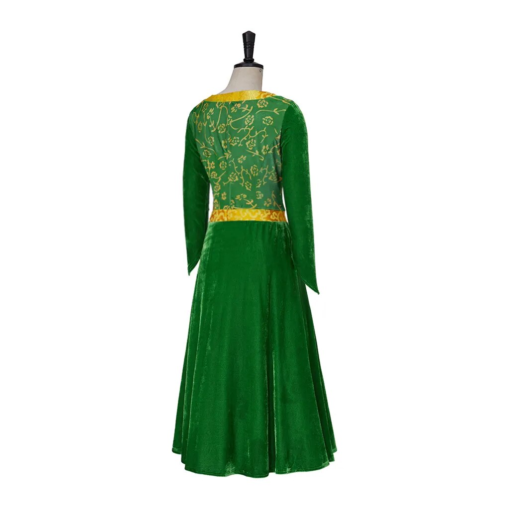 Princess Fiona Cosplay Costume Dress Outfit Women Cartoon Green Square Collar Velvet Long Dress for Ladies Halloween Role Play