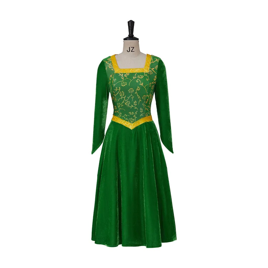 Princess Fiona Cosplay Costume Dress Outfit Women Cartoon Green Square Collar Velvet Long Dress for Ladies Halloween Role Play