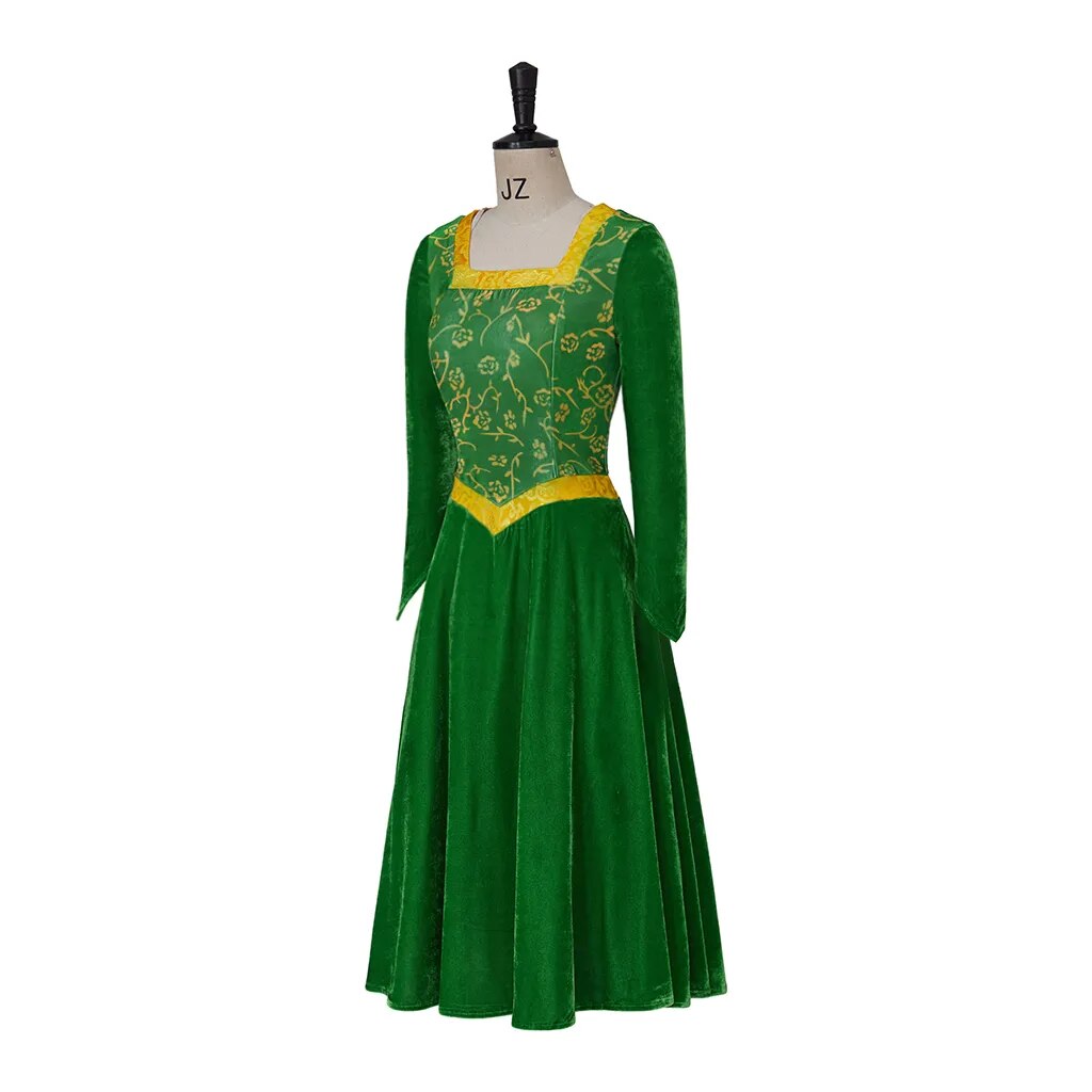Princess Fiona Cosplay Costume Dress Outfit Women Cartoon Green Square Collar Velvet Long Dress for Ladies Halloween Role Play