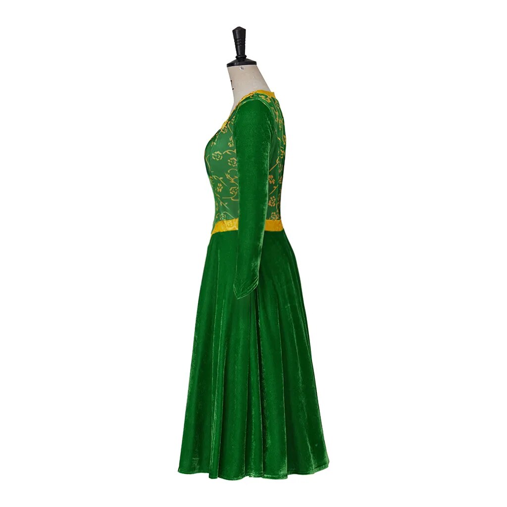Princess Fiona Cosplay Costume Dress Outfit Women Cartoon Green Square Collar Velvet Long Dress for Ladies Halloween Role Play