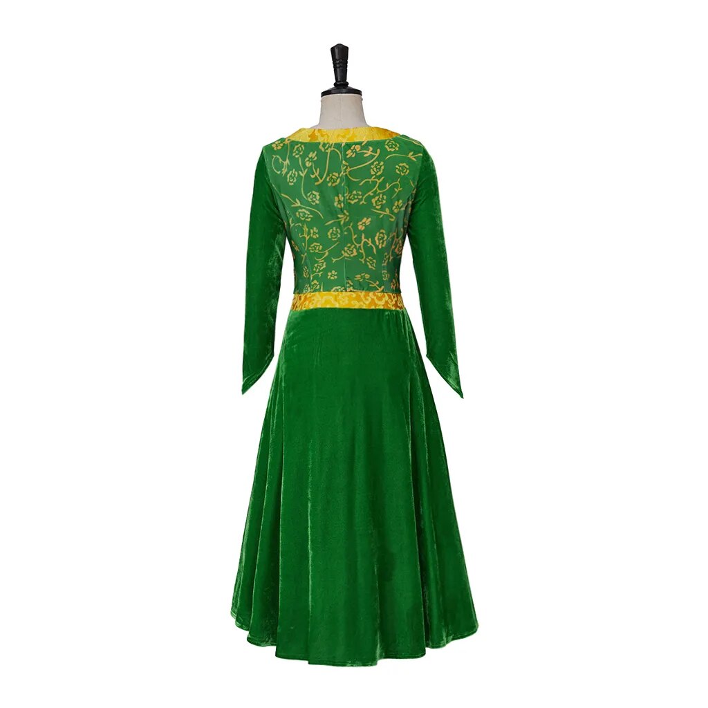 Princess Fiona Cosplay Costume Dress Outfit Women Cartoon Green Square Collar Velvet Long Dress for Ladies Halloween Role Play