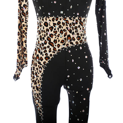 Figure Skating Tights Jumpsuit Black Leopard Print Girls Kids Women