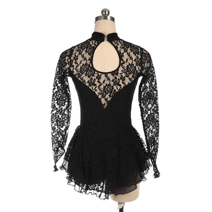 Figure Skating Costume Dress Ice Skating Skirt for Girl Women Kids Black lace Long sleeve Customized Competition Gymnastics