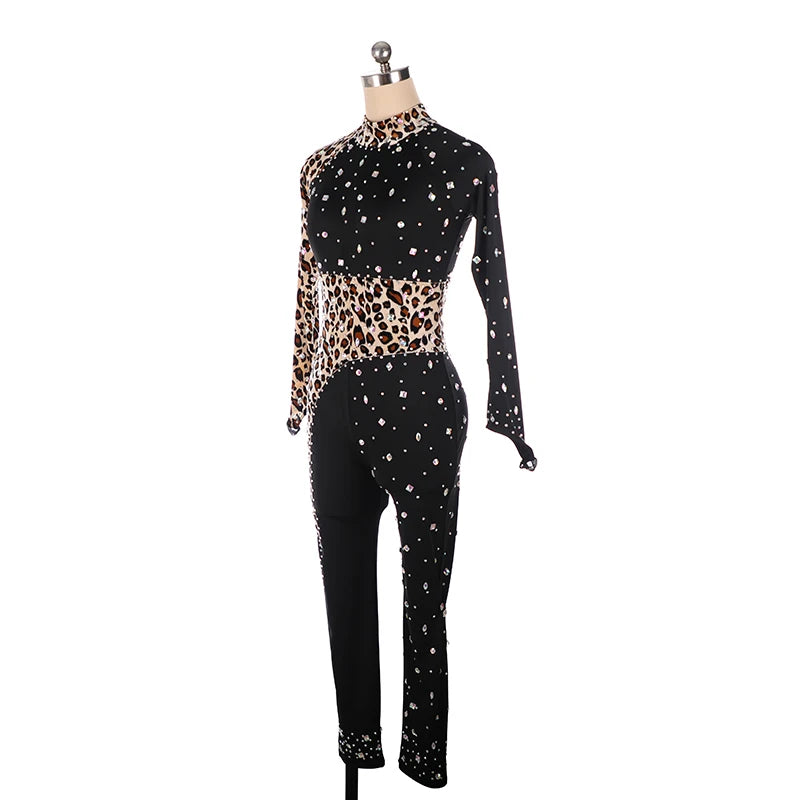 Figure Skating Tights Jumpsuit Black Leopard Print Girls Kids Women