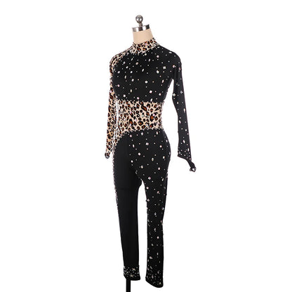 Figure Skating Tights Jumpsuit Black Leopard Print Girls Kids Women