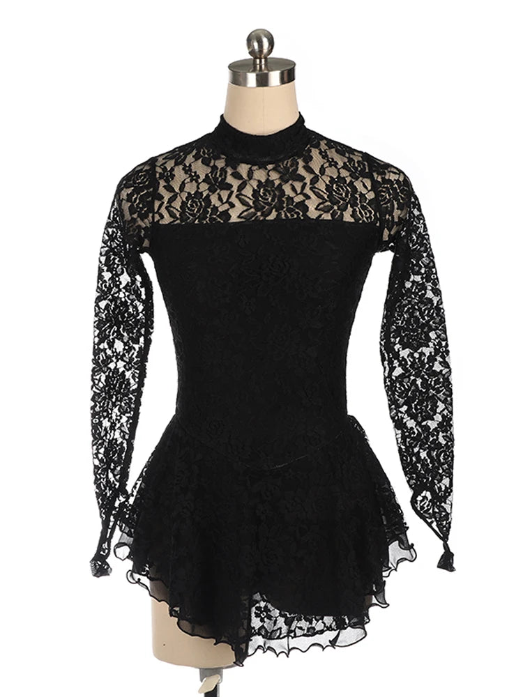 Figure Skating Costume Dress Ice Skating Skirt for Girl Women Kids Black lace Long sleeve Customized Competition Gymnastics