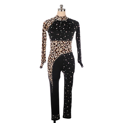 Figure Skating Tights Jumpsuit Black Leopard Print Girls Kids Women