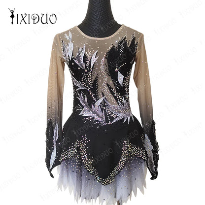 Ice Figure Skating Dress Rhinestone Long Sleeve Spandex Adult Kids
