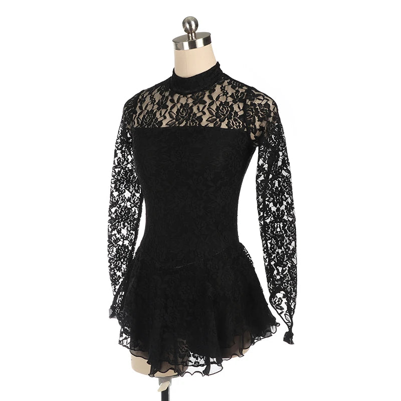 Figure Skating Costume Dress Ice Skating Skirt for Girl Women Kids Black lace Long sleeve Customized Competition Gymnastics