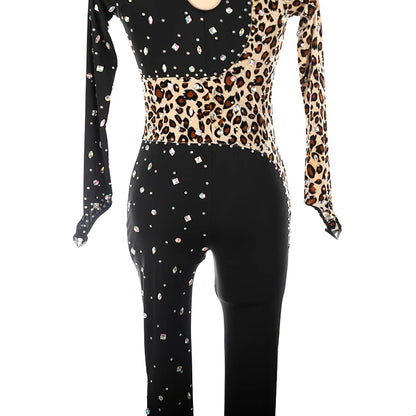 Figure Skating Tights Jumpsuit Black Leopard Print Girls Kids Women