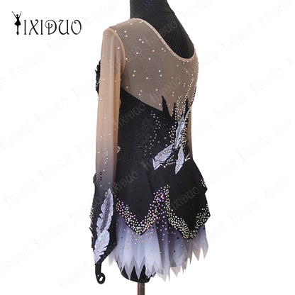 Ice Figure Skating Dress Rhinestone Long Sleeve Spandex Adult Kids