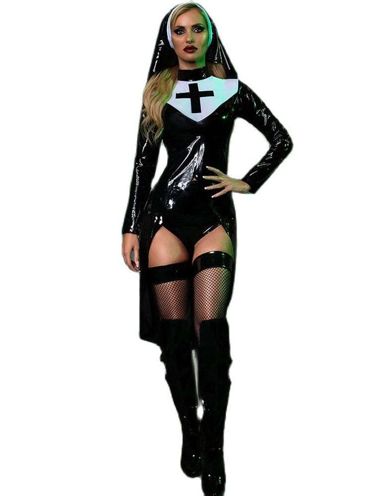 Saintlike Seductress Costume Sexy Vinyl Nun Halloween Costume Dress
