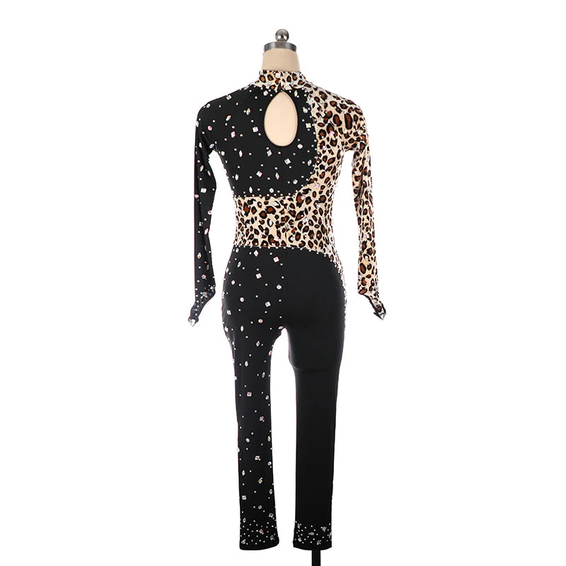 Figure Skating Tights Jumpsuit Black Leopard Print Girls Kids Women