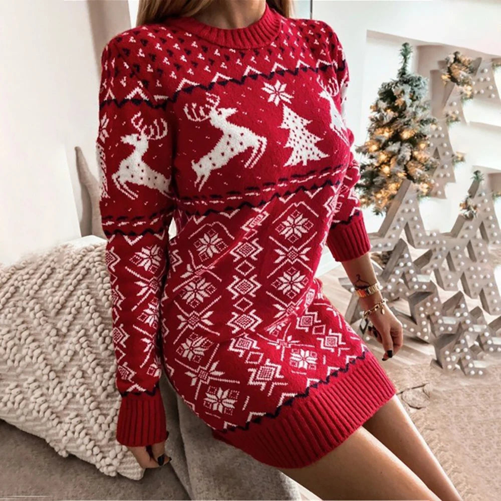 Sexy Christmas Snowflake Dress For Women Costumes  Bodycon Vintage Party Xmas Casual Female Clothing Pullover Skirt