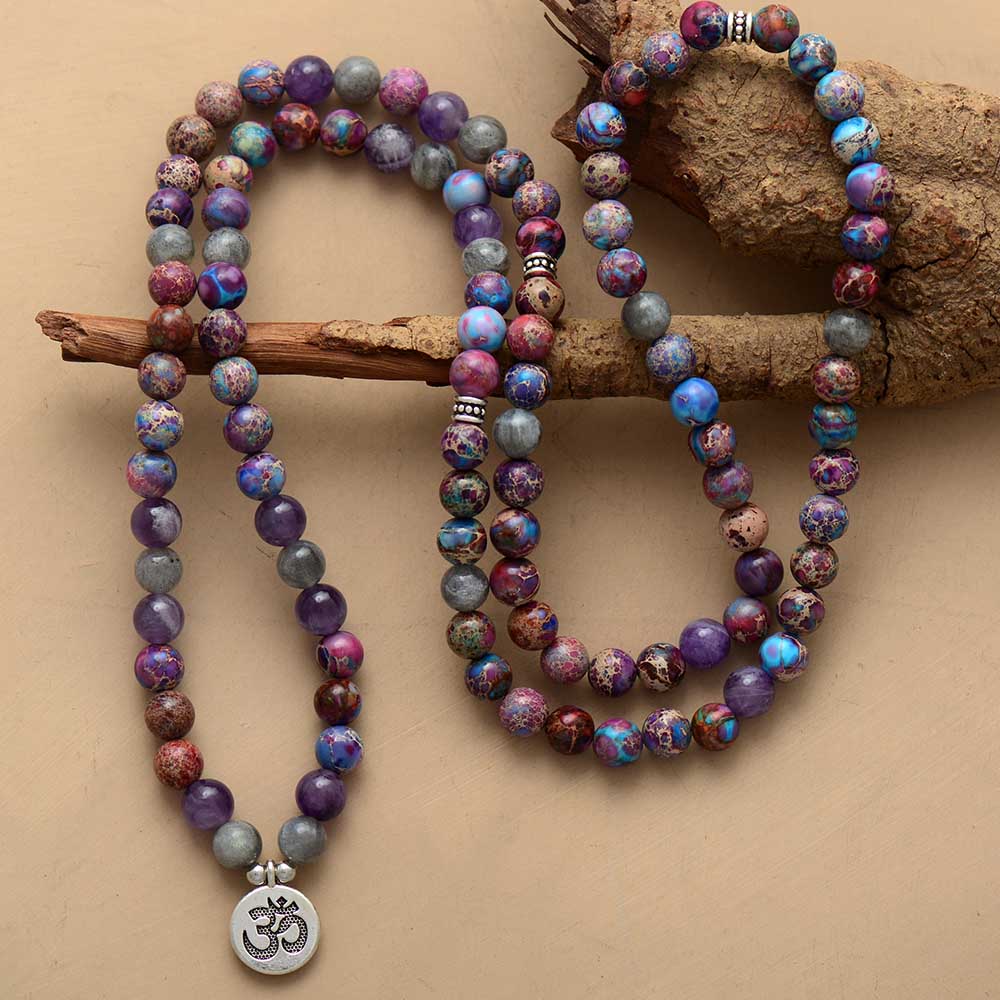 Spiritual Women Strands Bracelets Natural Stones OM Charm Yoga Bracelet 108 Mala Meditation Necklace