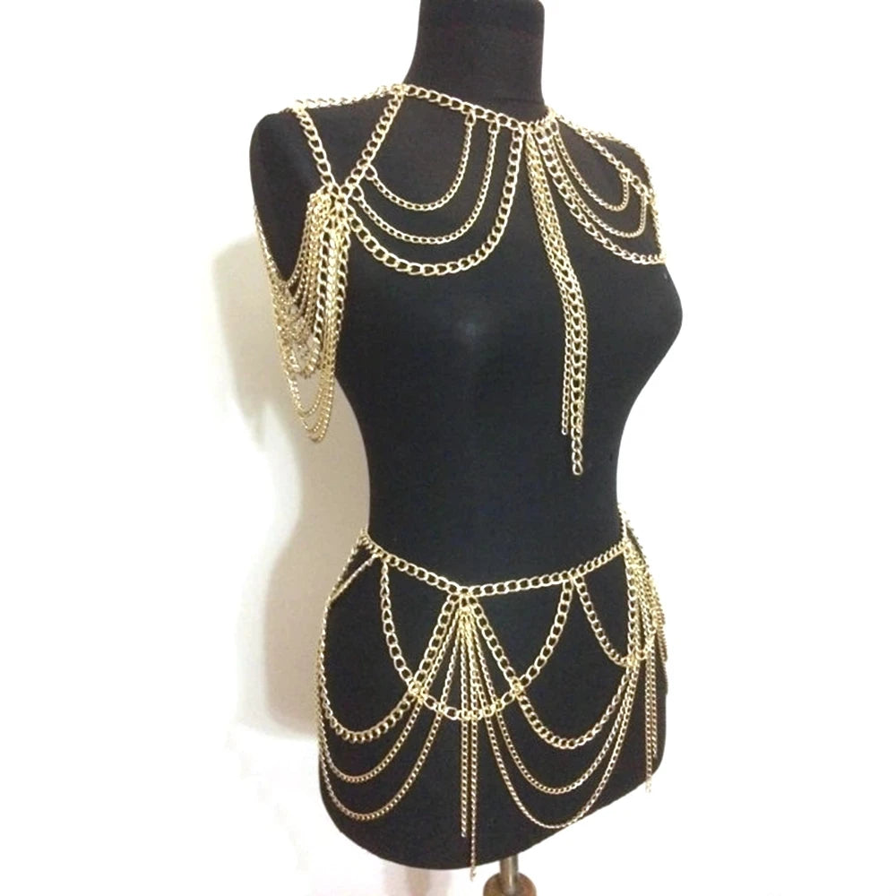 Stage Body Chains Costume Fashion Jewelry Punk Heavy Metal Multilayer Tassel Gold Body Ketting Long Necklace