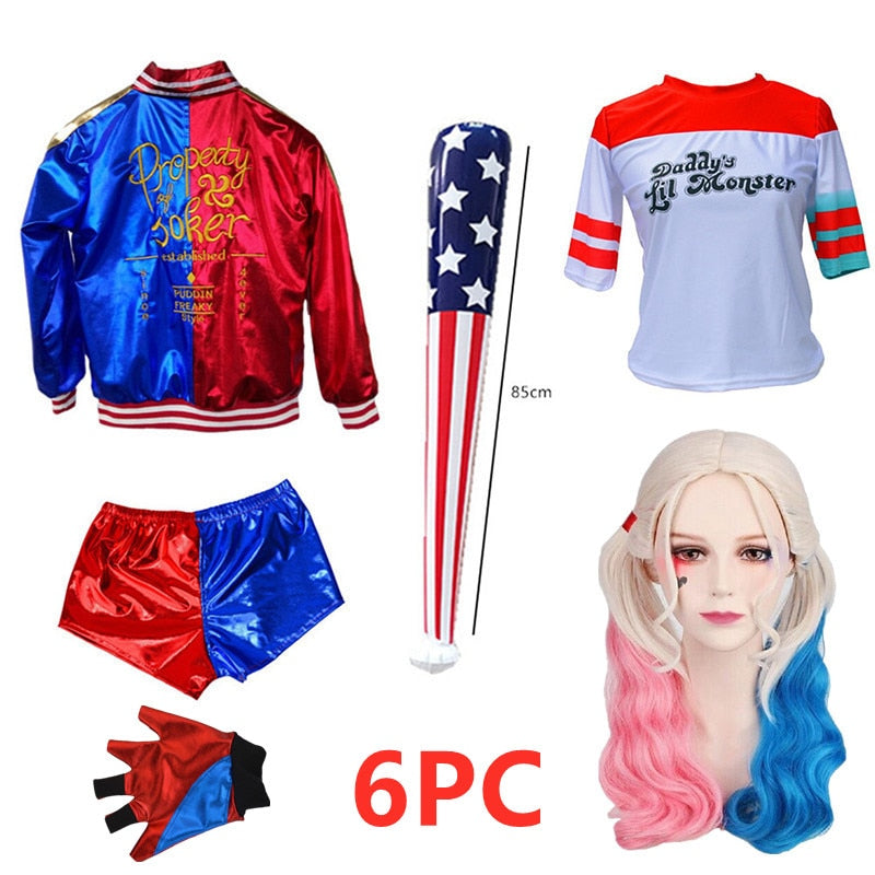 Suicide Squad Harley Quinn Costume Movie Clown Girl Suit Halloween Adult Sexy Cosplay T-shirt Bracelet Gun Holster Accessories