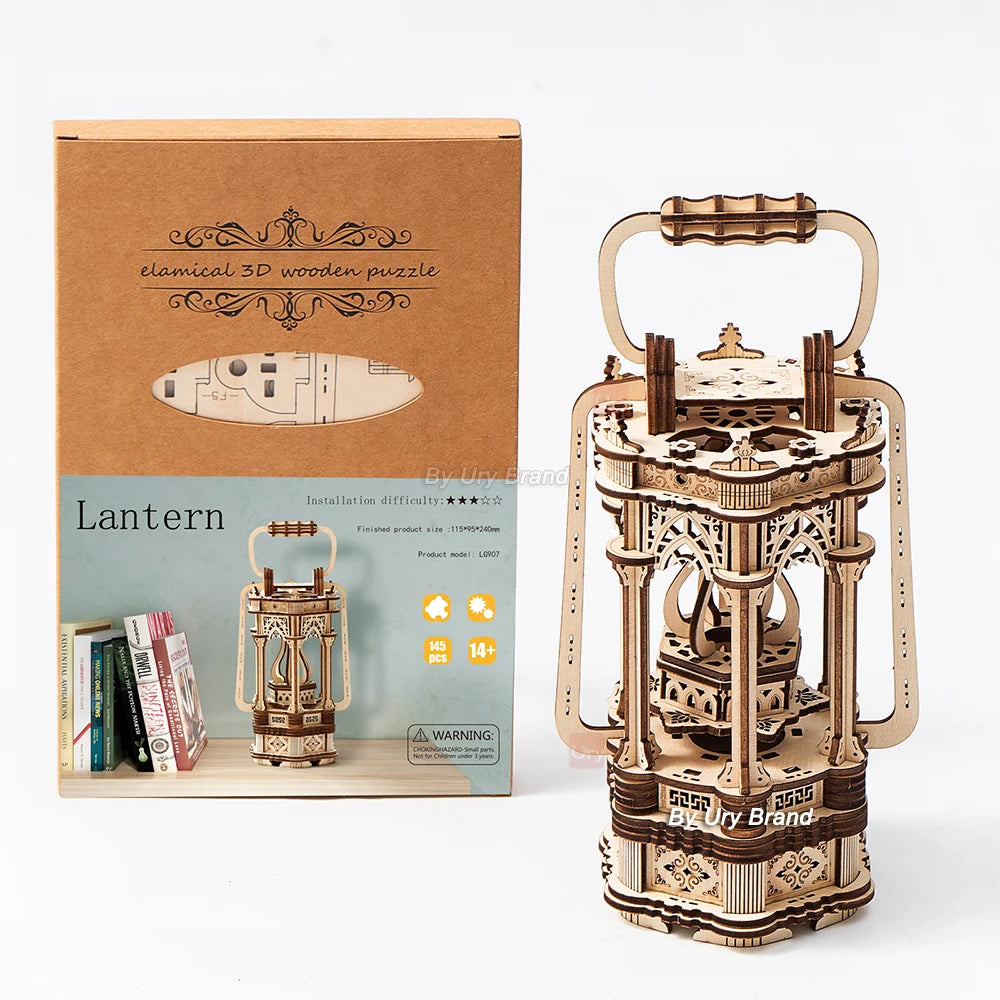 3D Wooden Puzzle Lantern DIY Vintage Light Bedside Lamp Model Assembly Building Kits Desk Decoration Gift for Teens Adult
