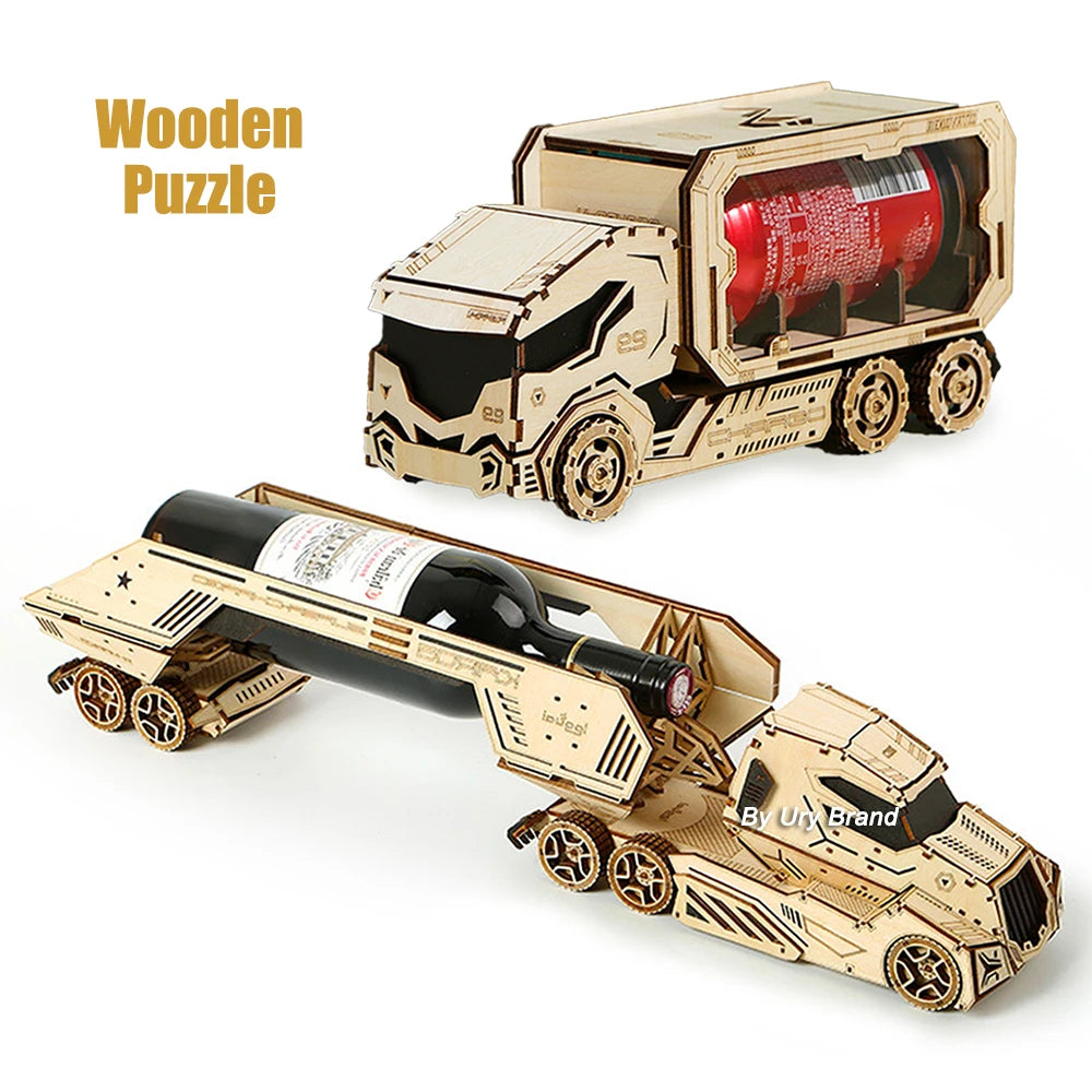 3D Wooden Puzzle Retro Wine Rack Truck for Kids Adult DIY Assembly Model Toy Craft Kits Desktop Decoration Christmas Gift