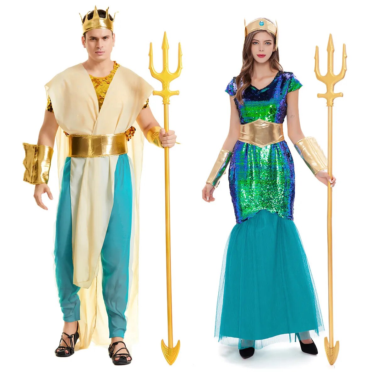 Women Sea Siren Mermaid Queen Costume Men&#39;s Poseidon Costumes Fantasia Halloween Purim Carnival Mardi Gras Dress up