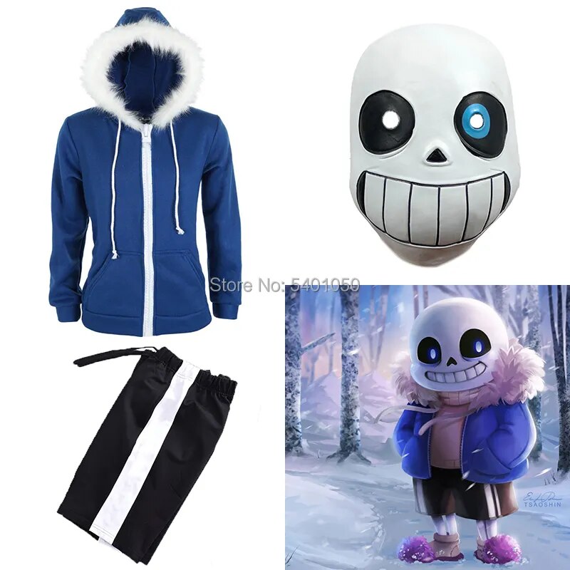 Undertale Sans Cosplay Hoodies Latex Mask COOL SKELETON Cos Blue Coat Halloween Cosplay Costume Unisex Jacket Headgear