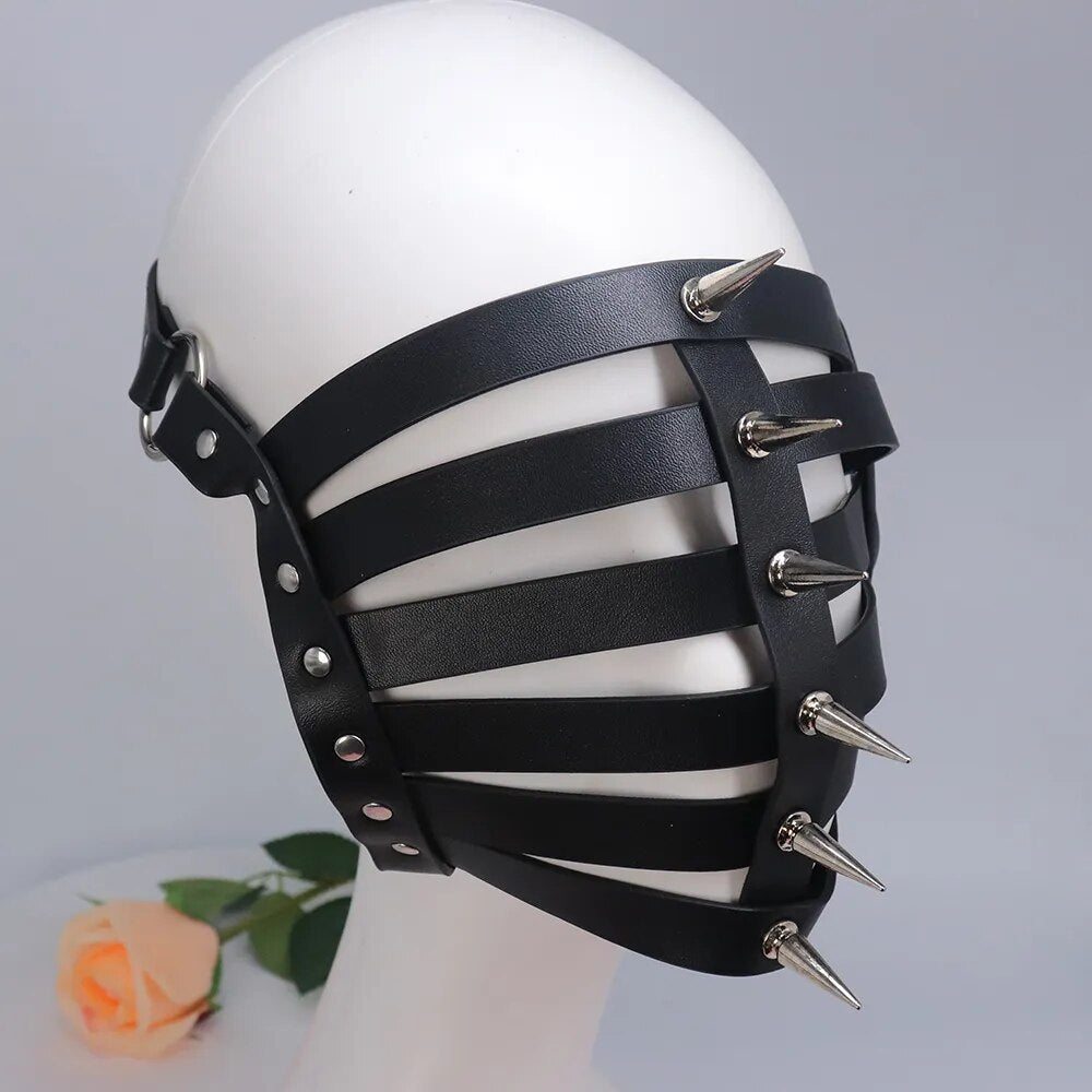 Unisex Sexy Fetish Role Play Costumes of Leather Harness Face Mask Headgear for Halloween Carnival Masquerade Party Fun Prop