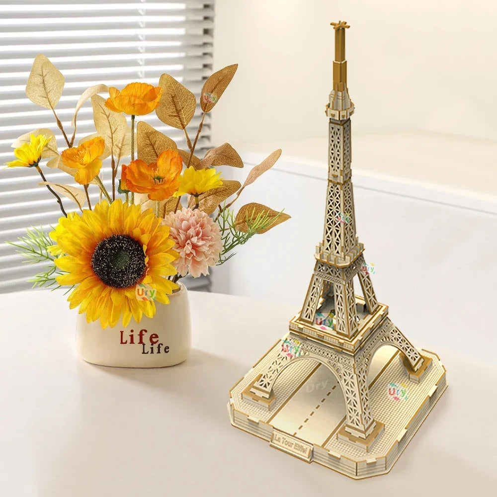 3D Wooden Puzzle Eiffel Tower Leaning of Pisa Empire State Building World Architecture Model DIY Kits Toys Decoration
