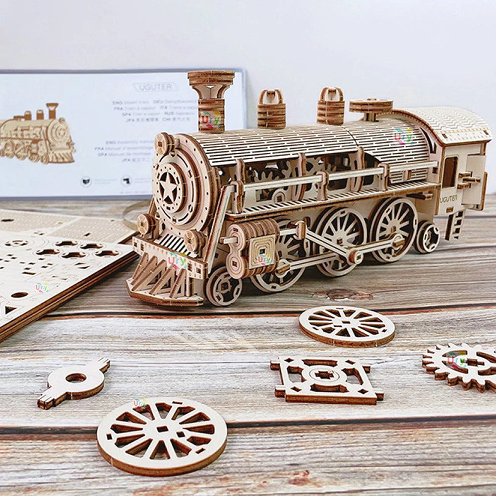 3D Wooden Puzzle Movable Retro Steam Train Double-decker Bus Handmade Assembly Truck Model DIY Toys Decoration Gift for Kids