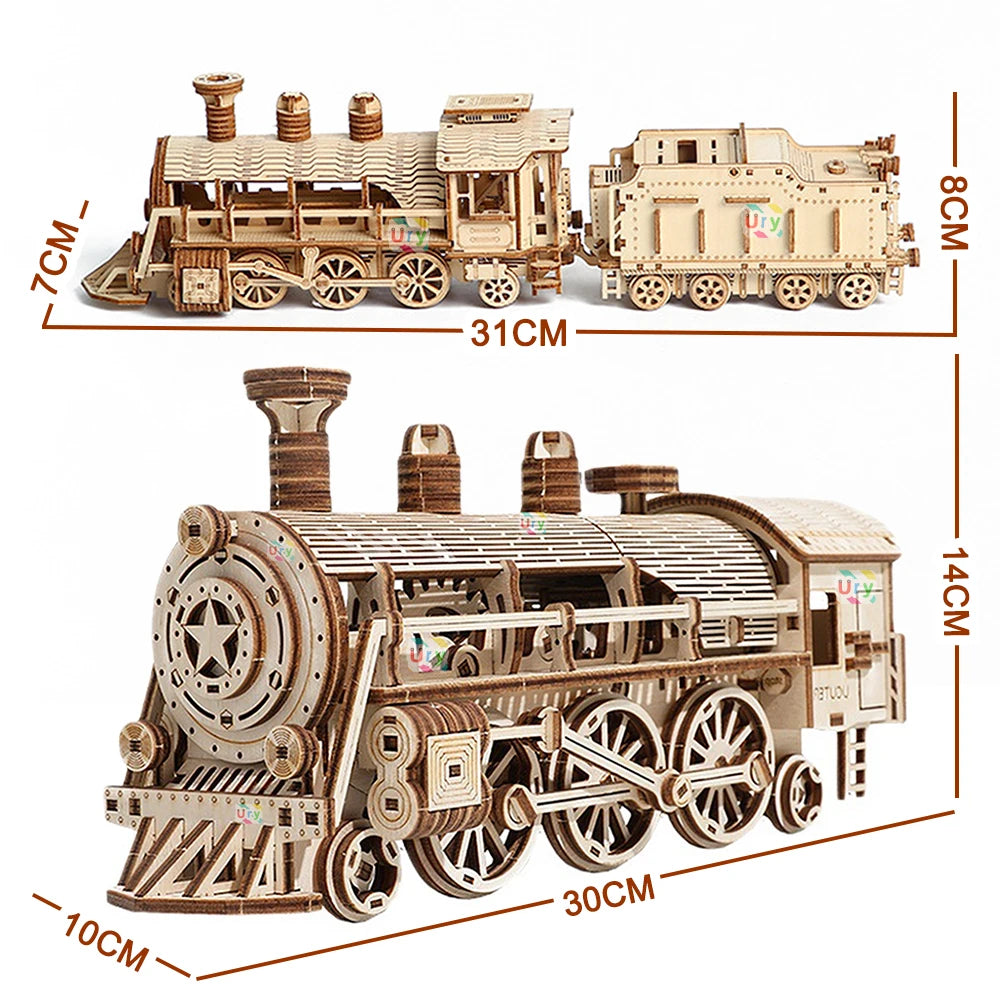 3D Wooden Puzzle Movable Retro Steam Train Double-decker Bus Handmade Assembly Truck Model DIY Toys Decoration Gift for Kids