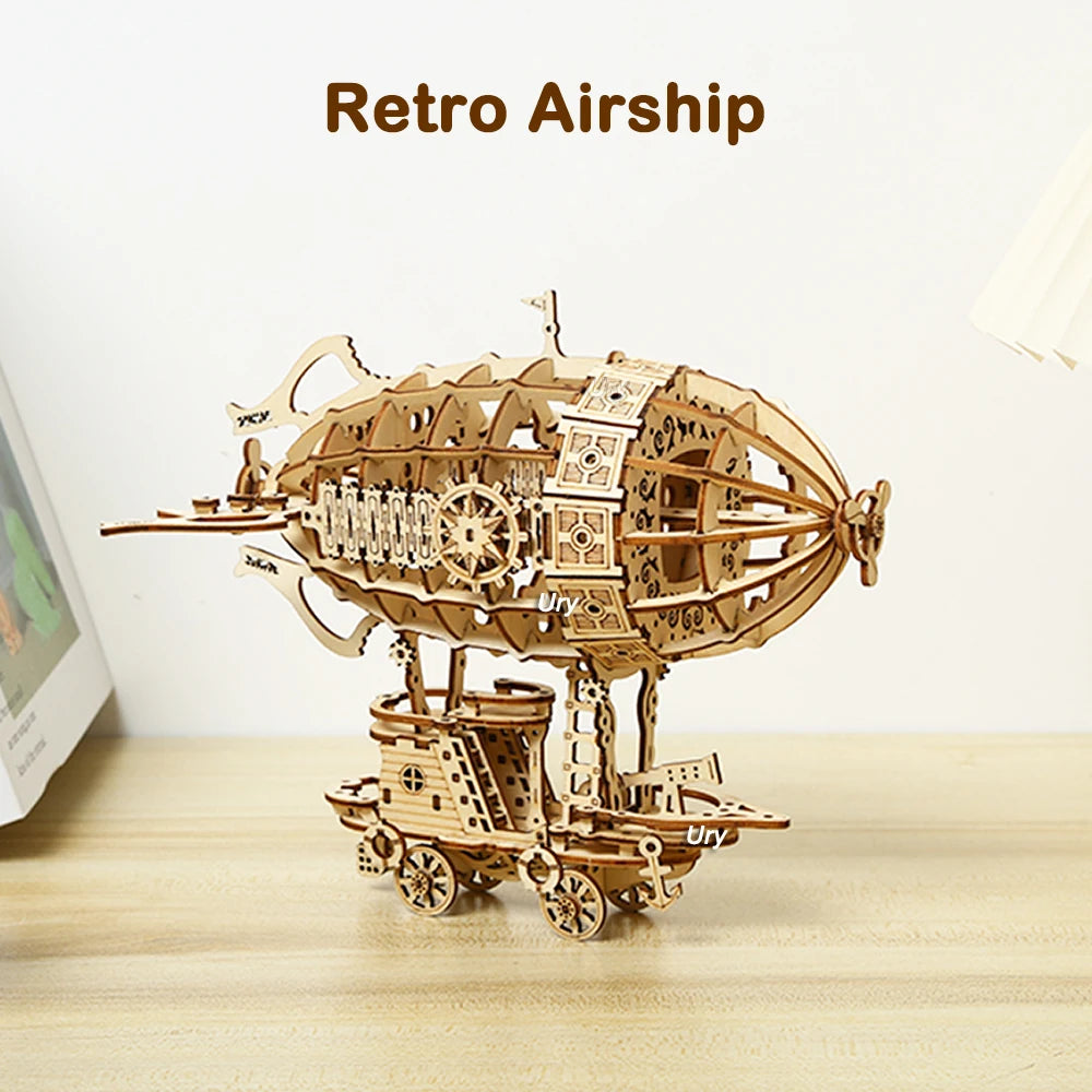3D Wooden Puzzle Retro Airship Balloon Car Steam Age Assembly Model Game for Children Adult DIY Toys Kits Decoration Gifts