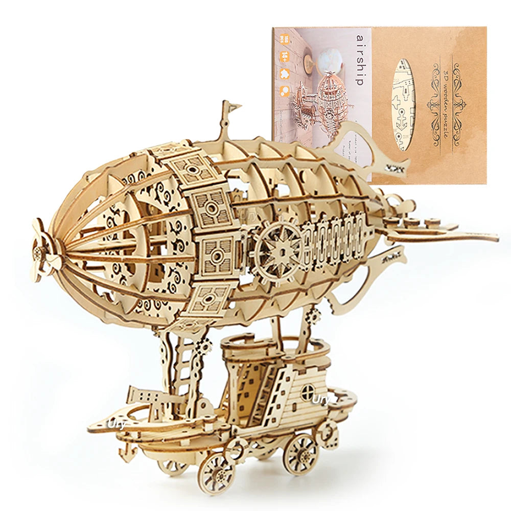 3D Wooden Puzzle Retro Airship Balloon Car Steam Age Assembly Model Game for Children Adult DIY Toys Kits Decoration Gifts