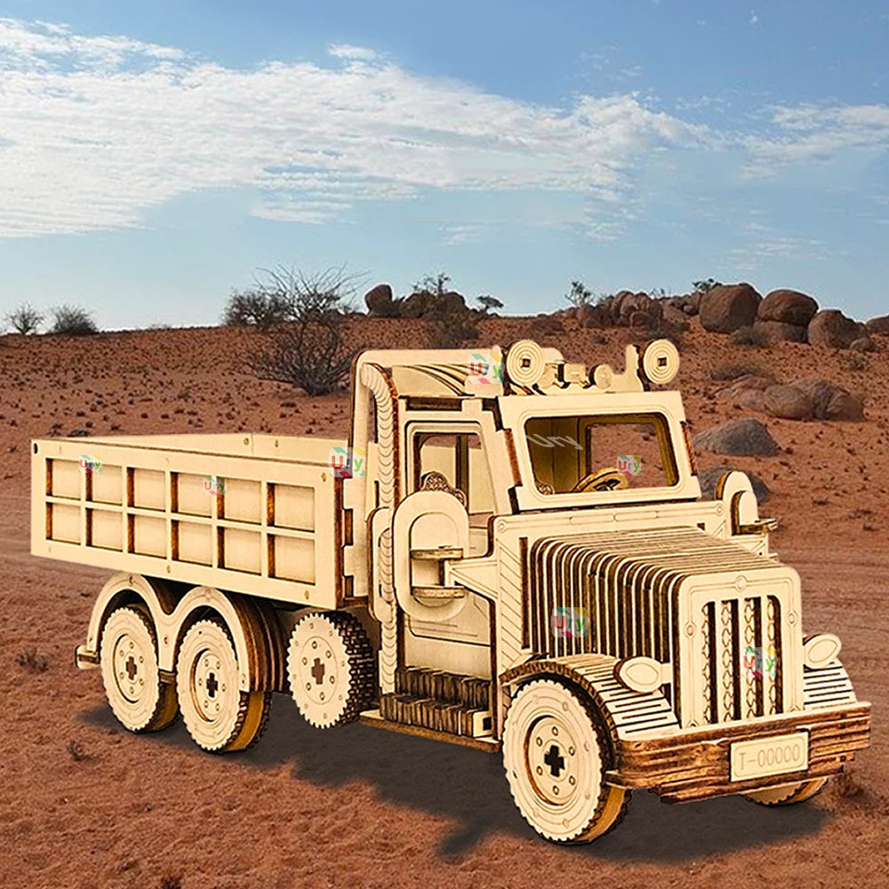 3D Wooden Puzzle Truck Sports Car Off-Road Unloading Movable Retro Vehicle Assembly Model DIY Decoration Gift for Kids