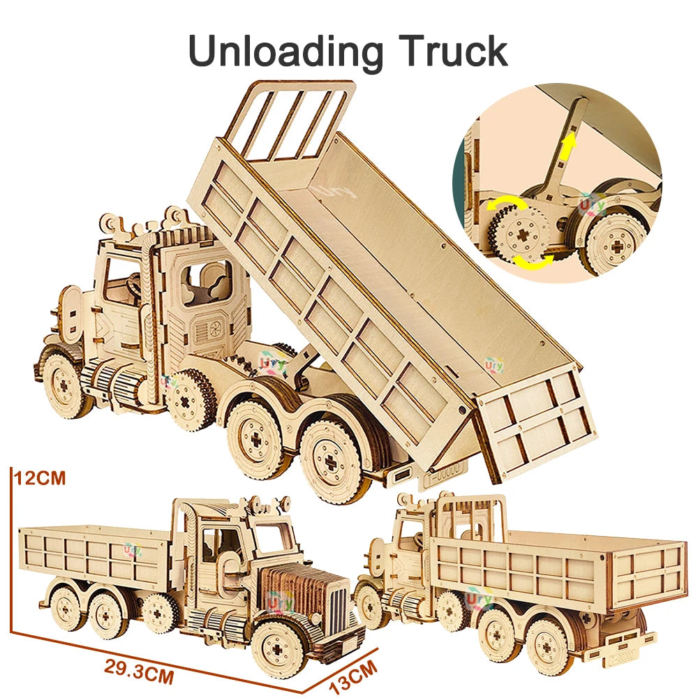 3D Wooden Puzzle Truck Sports Car Off-Road Unloading Movable Retro Vehicle Assembly Model DIY Decoration Gift for Kids