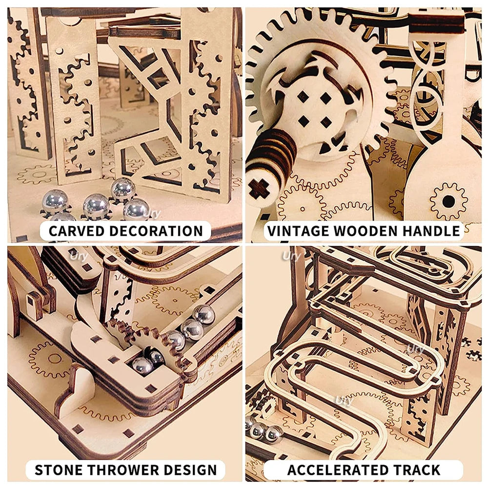 3D Wooden Puzzles Catapult Track Device Marble Run Set Mechanical Manual Model Science Maze Ball Assembly Toy Gift for Teens