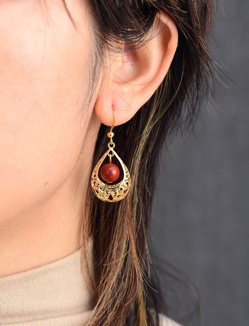 Women Gold Plated Stone Elegant Teardrop Aesthetic Art Deco Drop Earring Exquisite European Australia Jewelry