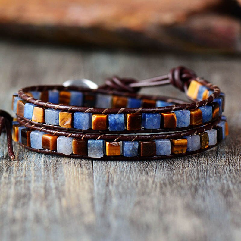 Women Leather Bracelets Mix Natural Stones 2 Strands Wrap Bracelets Vintage Weaving Bead Bracelet