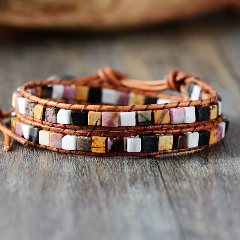 Women Leather Bracelets Mix Natural Stones 2 Strands Wrap Bracelets Vintage Weaving Bead Bracelet