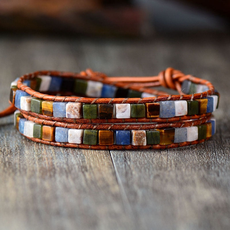 Women Leather Bracelets Mix Natural Stones 2 Strands Wrap Bracelets Vintage Weaving Bead Bracelet