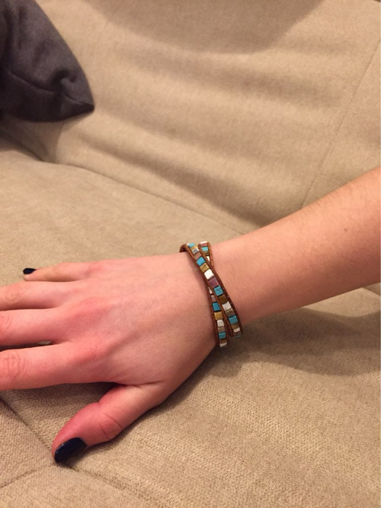 Women Leather Bracelets Mix Natural Stones 2 Strands Wrap Bracelets Vintage Weaving Bead Bracelet