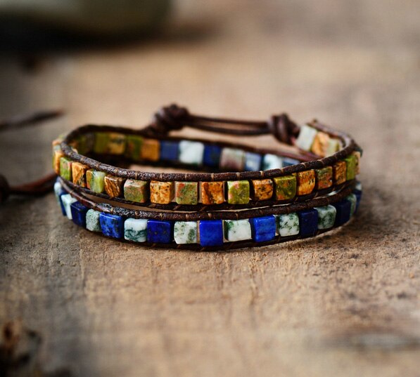 Women Leather Bracelets Mix Natural Stones 2 Strands Wrap Bracelets Vintage Weaving Bead Bracelet