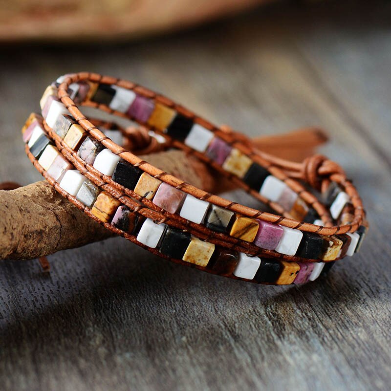 Women Leather Bracelets Mix Natural Stones 2 Strands Wrap Bracelets Vintage Weaving Bead Bracelet