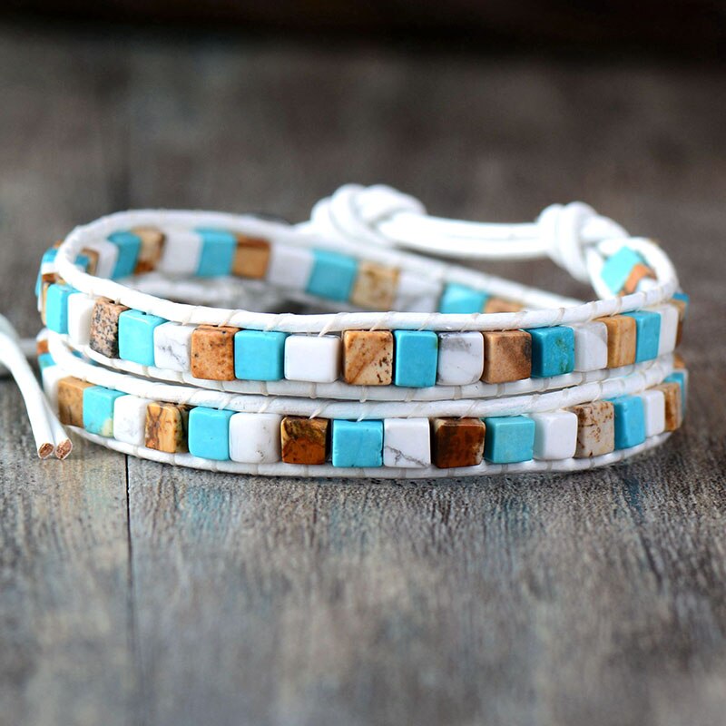 Women Leather Bracelets Mix Natural Stones 2 Strands Wrap Bracelets Vintage Weaving Bead Bracelet