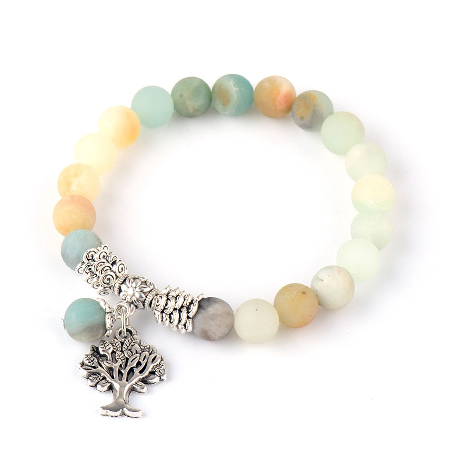 Women Cham Bracelets Matte Amazonite Tree Pendant Bracelet Natural Stone Bead Bracelet Jewelry