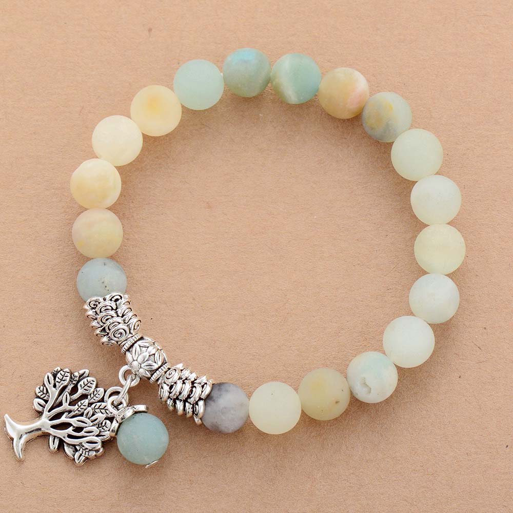 Women Cham Bracelets Matte Amazonite Tree Pendant Bracelet Natural Stone Bead Bracelet Jewelry