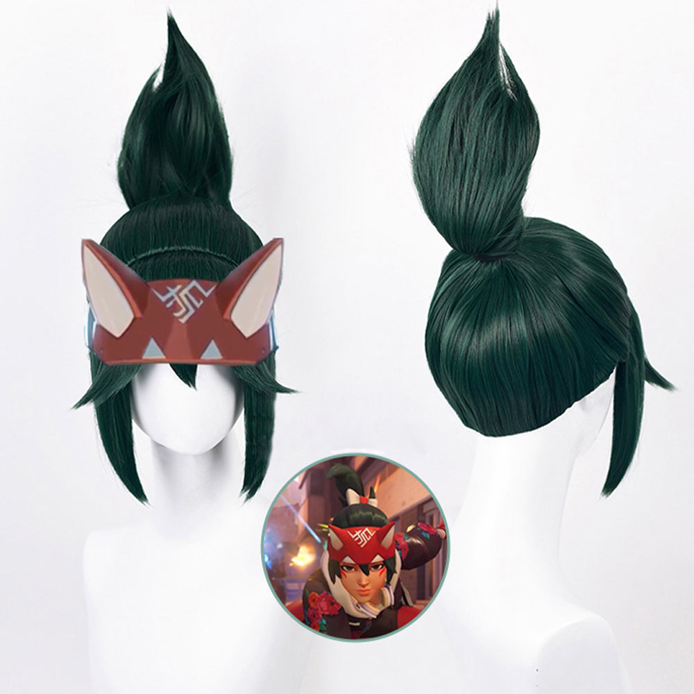 Game Overwatch Kiriko Green Short Cosplay Wig