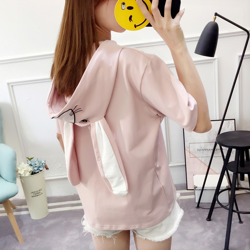 Kawaii Bunny Ears Short Sleeve Hooded T-shirt