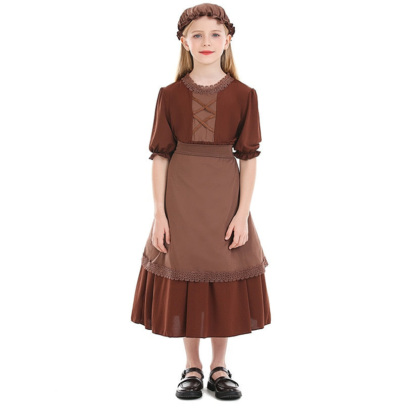 Kids Child Victorian Poor Girl Costume Colonial Village Peasant Girls Dress Brown Carnival Stage Book Day Fantasia