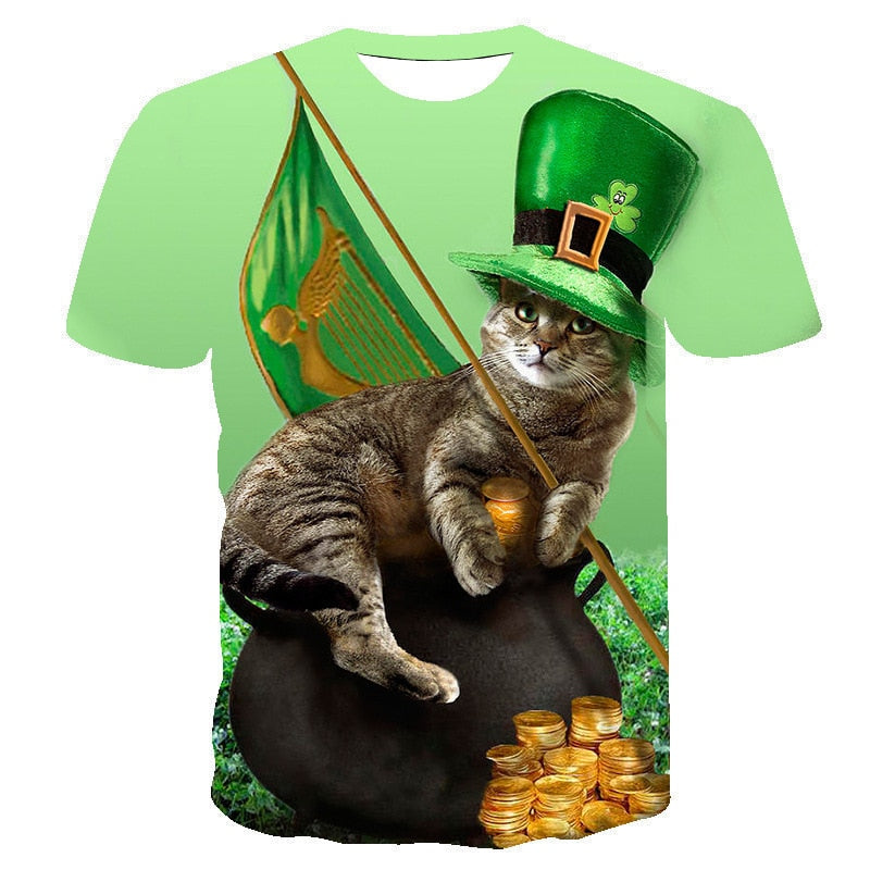 Irish St Patrick Day T-shirt Green Clover Animal Cat Adults Cotton Casual O-neck Tops